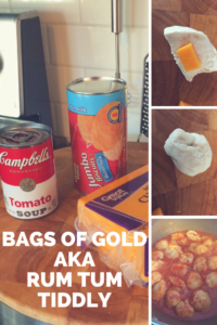 Bags of gold. Cheese-filled dumplings made from canned biscuit dough. Cooked in tomato soup.