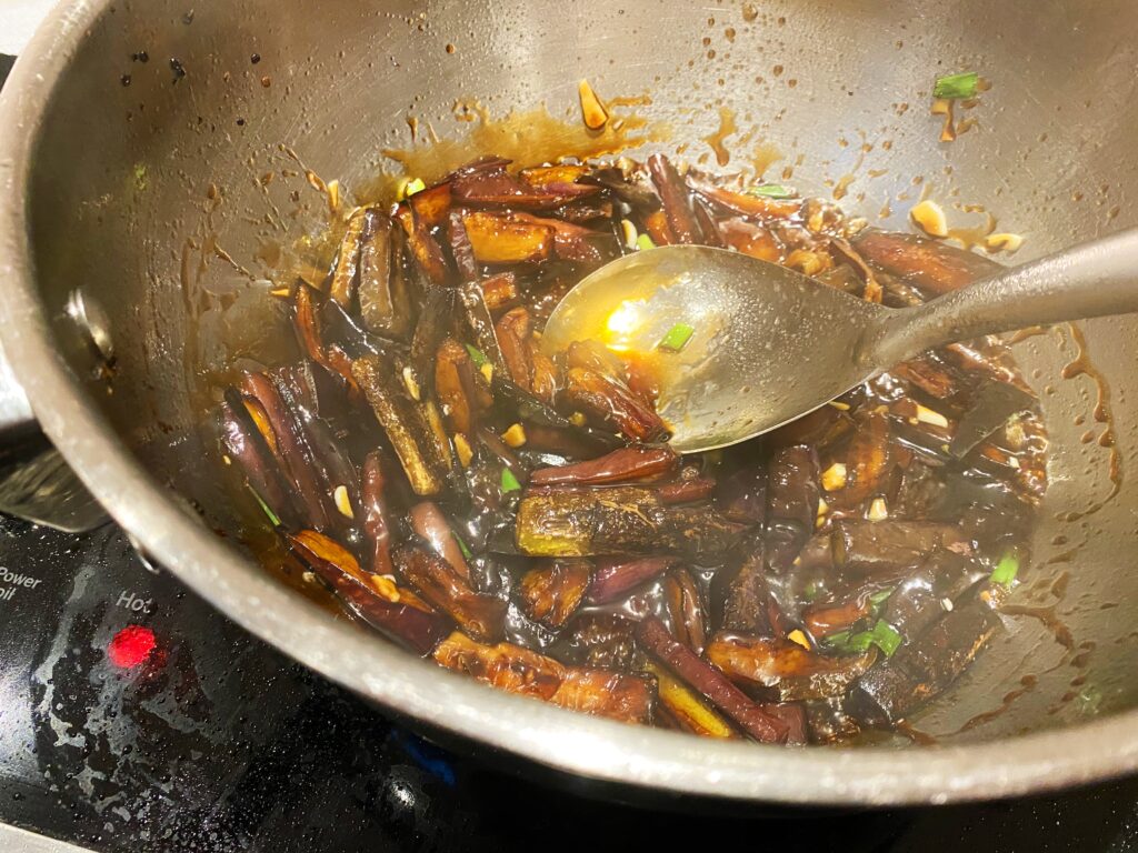 sesame garlic eggplant finishing off